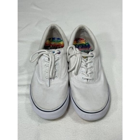 Men’s Sz 9.5 Sperry Shoes Rainbow Bottoms Peace Love LBGTQ White Pride STS23809 - Picture 3 of 14